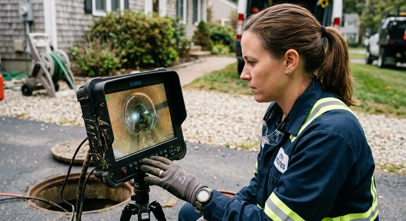 Technician reviewing sewer camera inspection footage in Greenwood