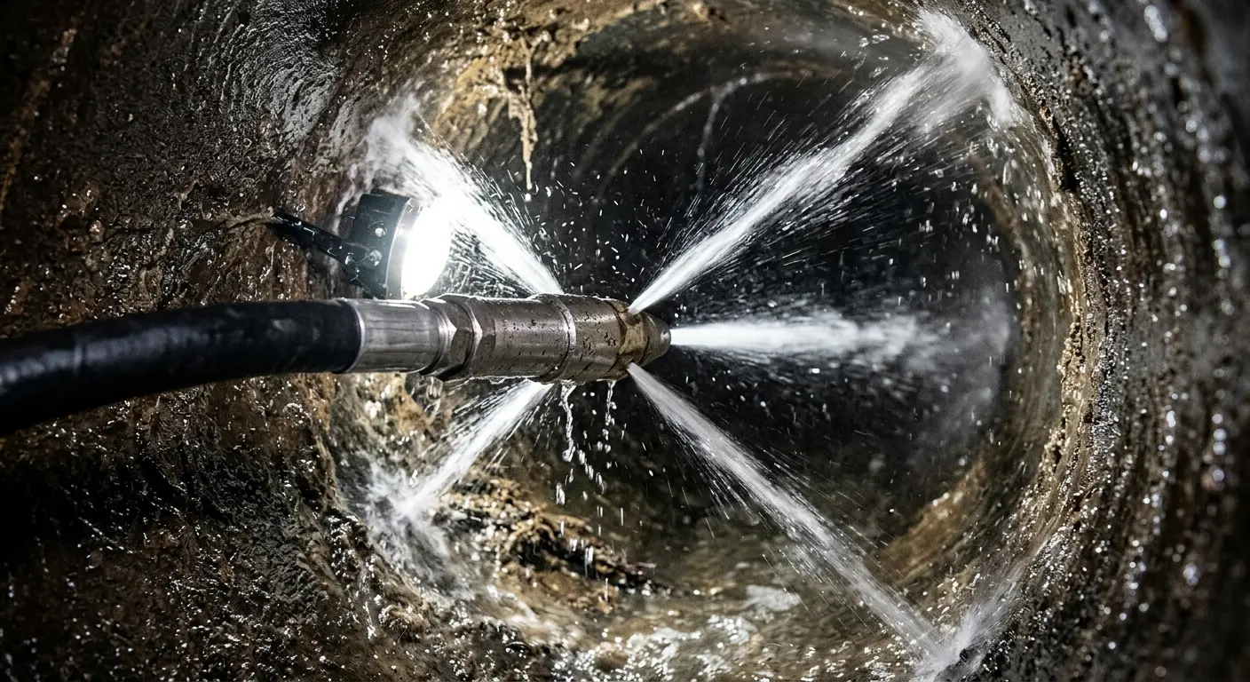 High-pressure hydro jetting nozzle cleaning sewer pipe for Emergency Drain Service in Greenwood