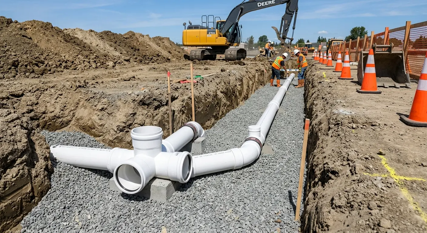 New PVC sewer pipe installation in open trench for Commercial Drain Cleaning in Greenwood